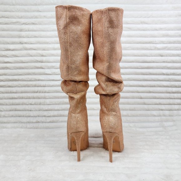 Radiant Beige Rhinestone High Heel Slouch Knee High Boots - Picture 4 of 9